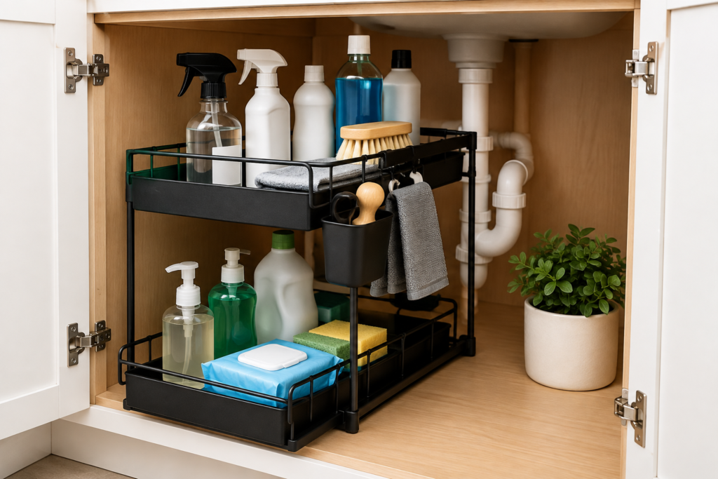 Two-tier under-sink organizer for kitchen storage