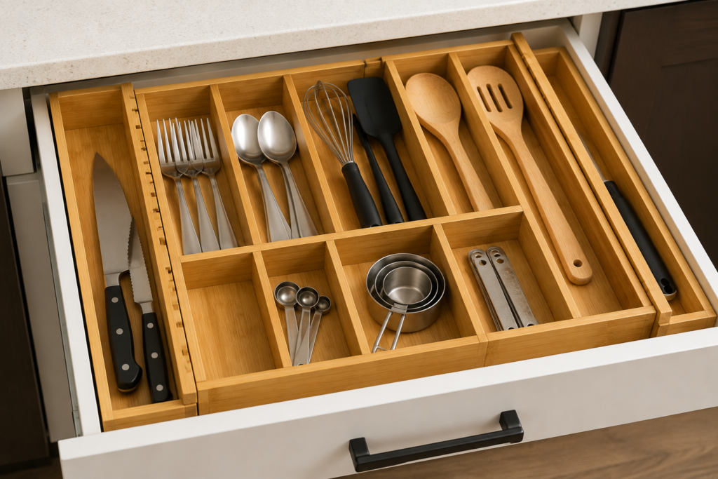 Expandable bamboo drawer organizer with kitchen utensils