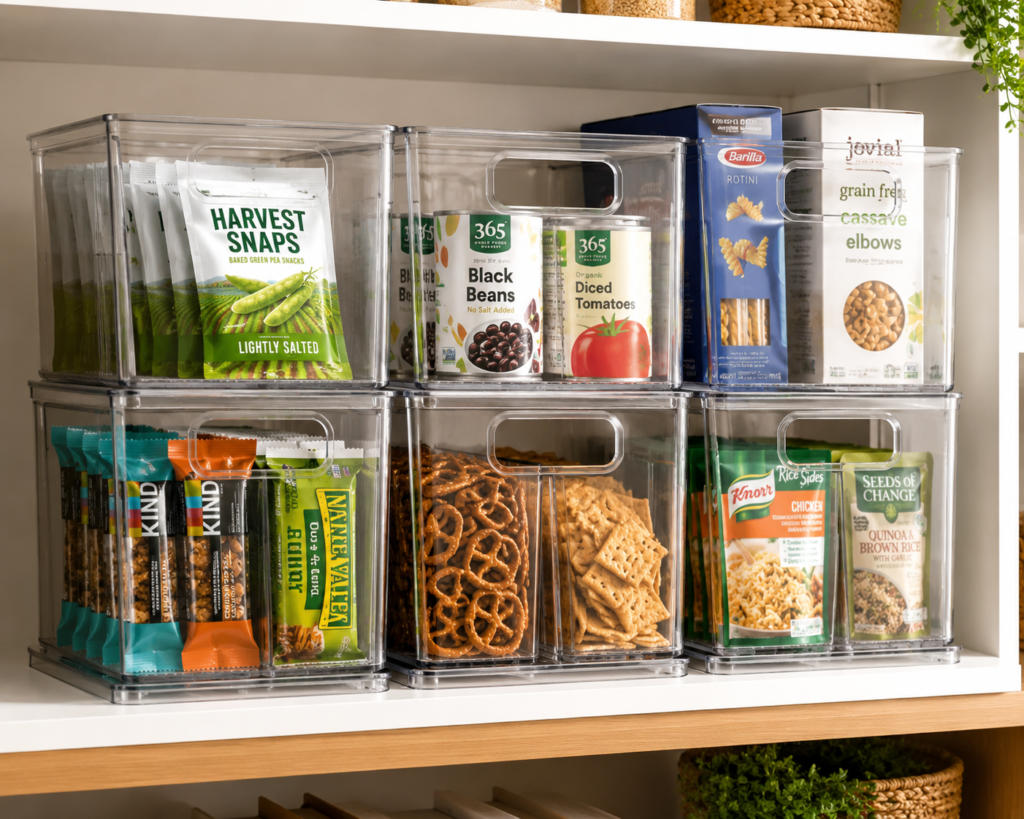 Clear stackable pantry storage bins filled with kitchen essentials