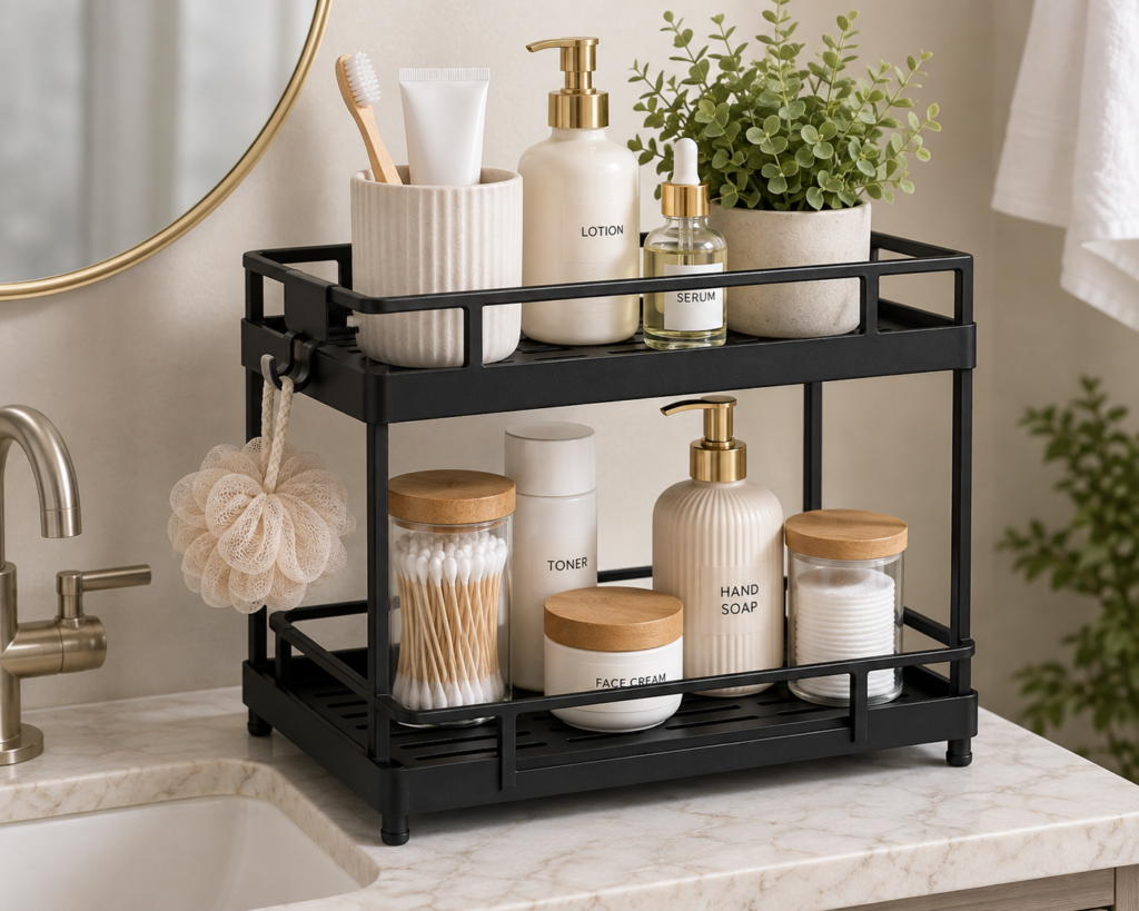 Two-tier bathroom counter organizer for toiletries and skincare