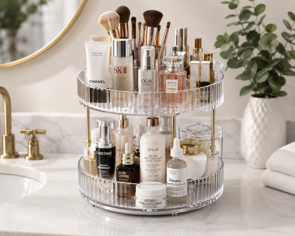 Rotating makeup organizer with skincare and cosmetics on a bathroom vanity
