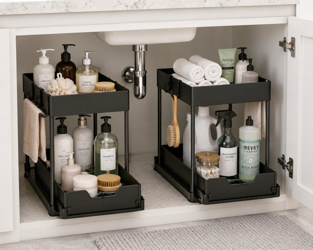 Two black two-tier sliding organizers under a bathroom sink with toiletries and cleaning supplies