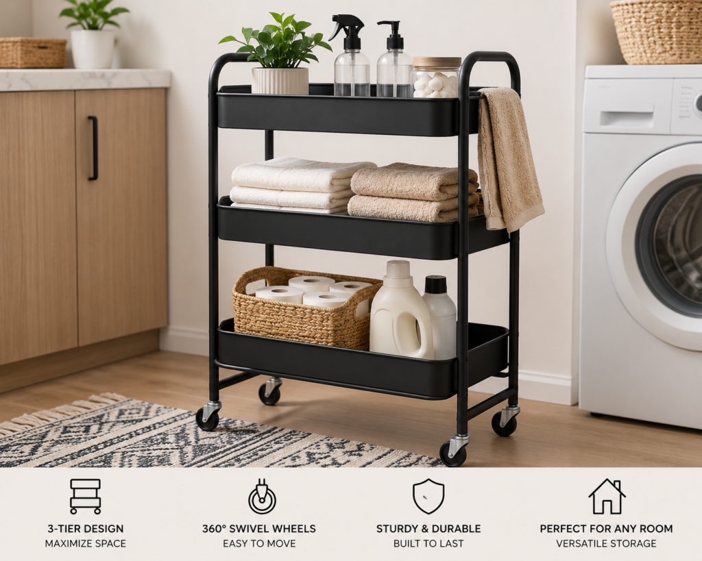 Black 3-tier rolling storage cart organizing laundry and household essentials