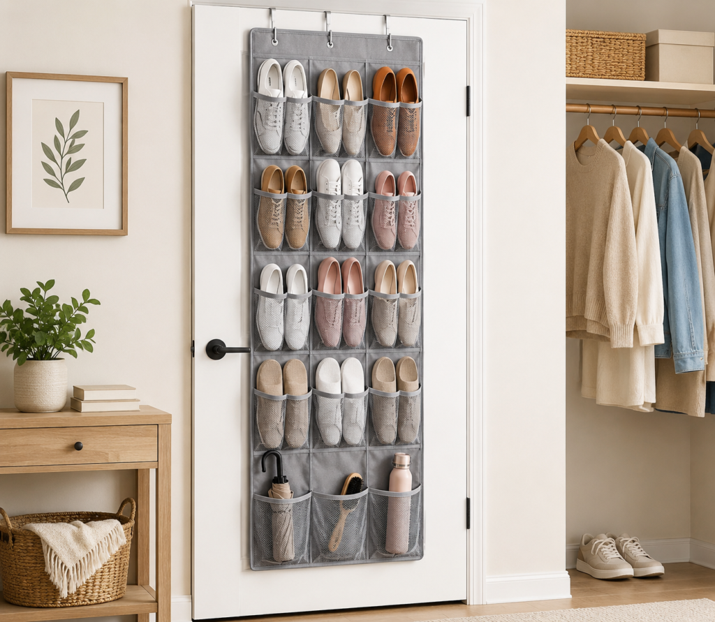 Over-the-door shoe organizer with multiple pockets holding shoes and accessories