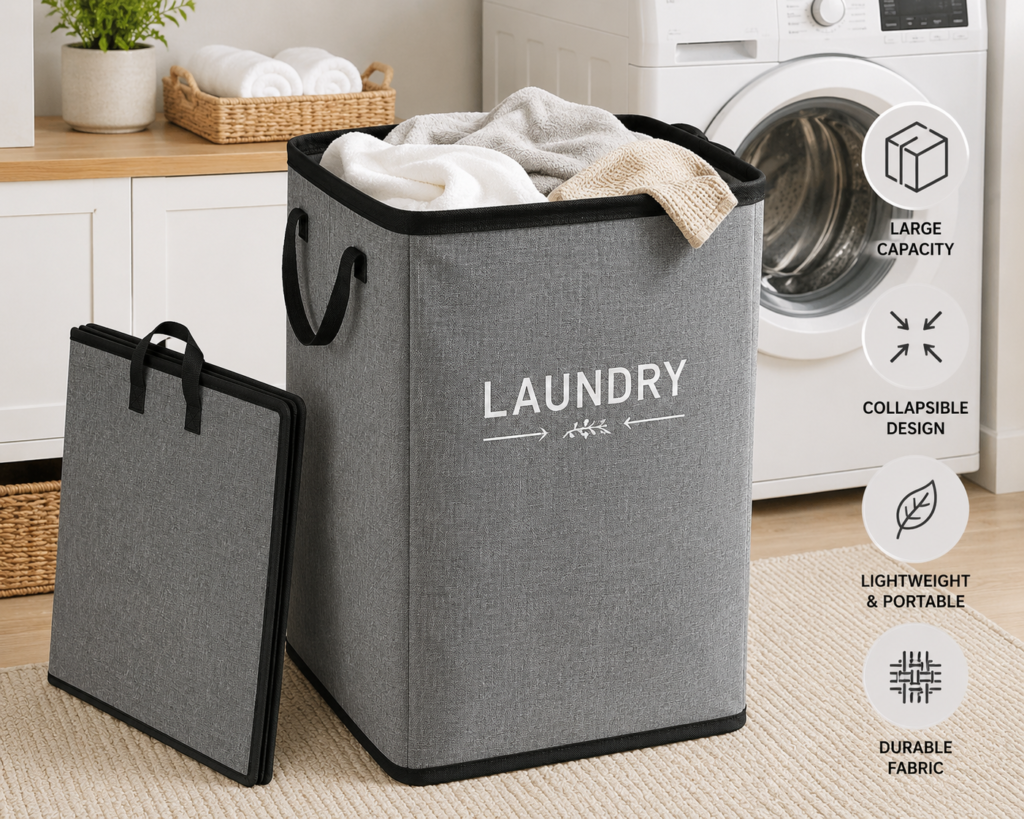 Gray collapsible laundry hamper with handles for organizing clothes, towels, and linens