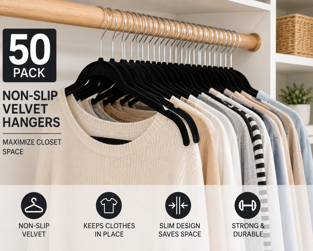 Black non-slip velvet hangers organizing clothes in a neat space-saving closet