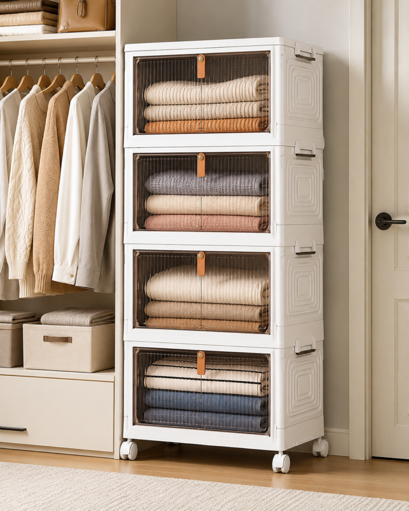 Four-tier stackable storage bins with front-opening doors organizing clothes in a closet