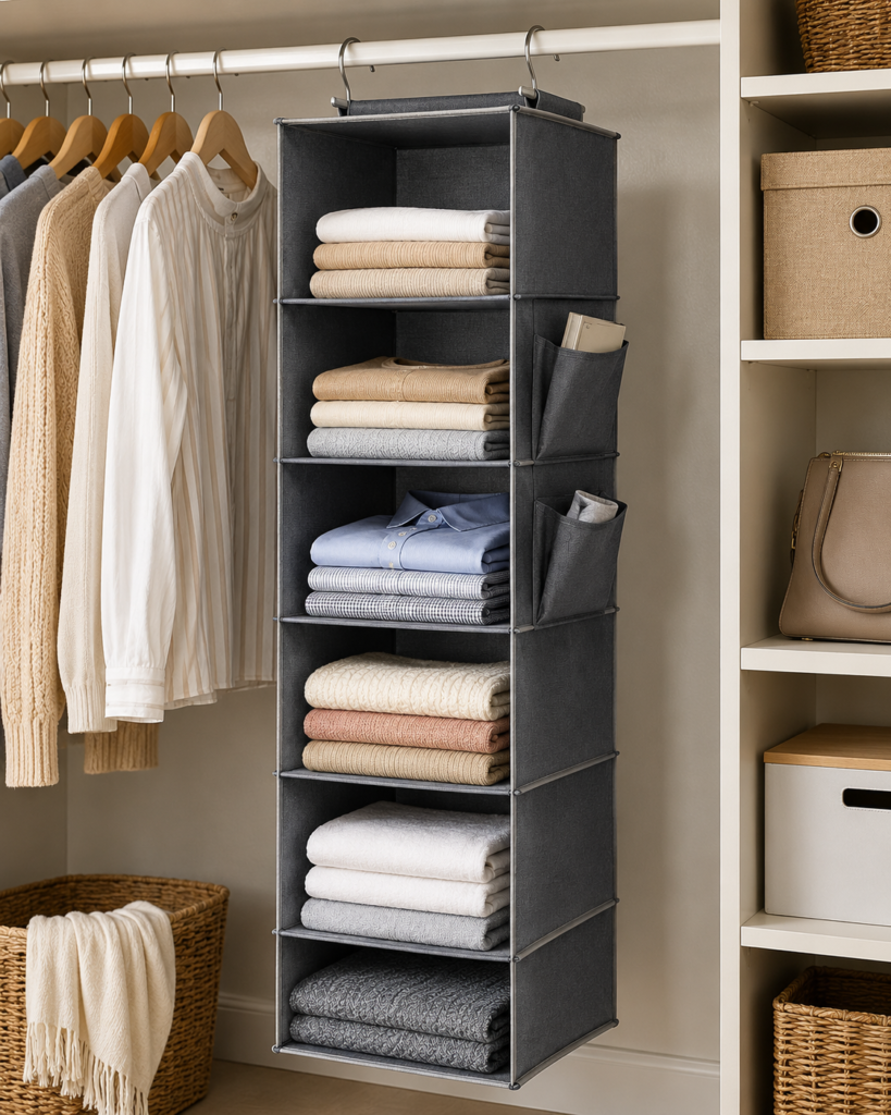 Gray hanging closet shelf organizer with neatly folded clothes and linens