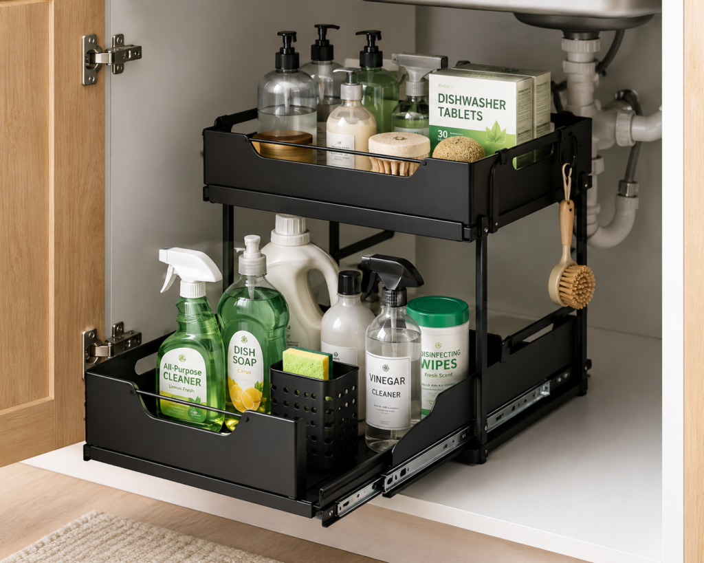 Black 2-tier sliding under-sink organizer holding kitchen cleaning supplies