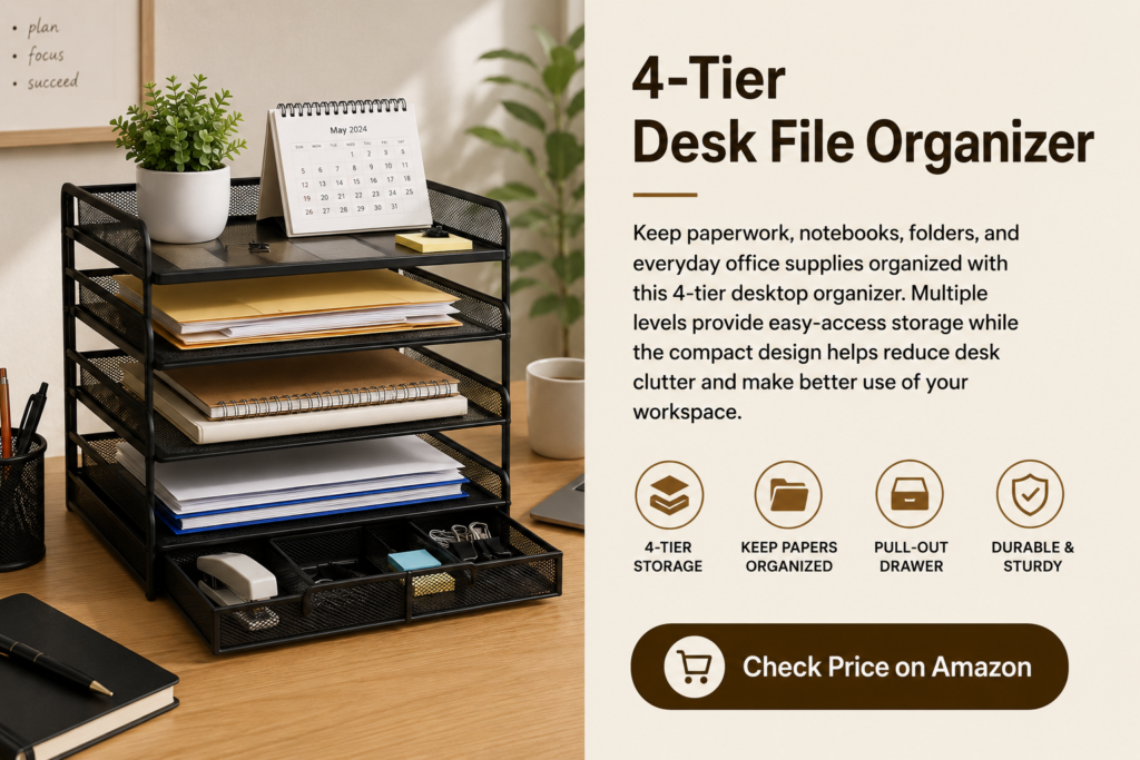 4-tier black desk file organizer with paper trays, drawer, and pen holders
