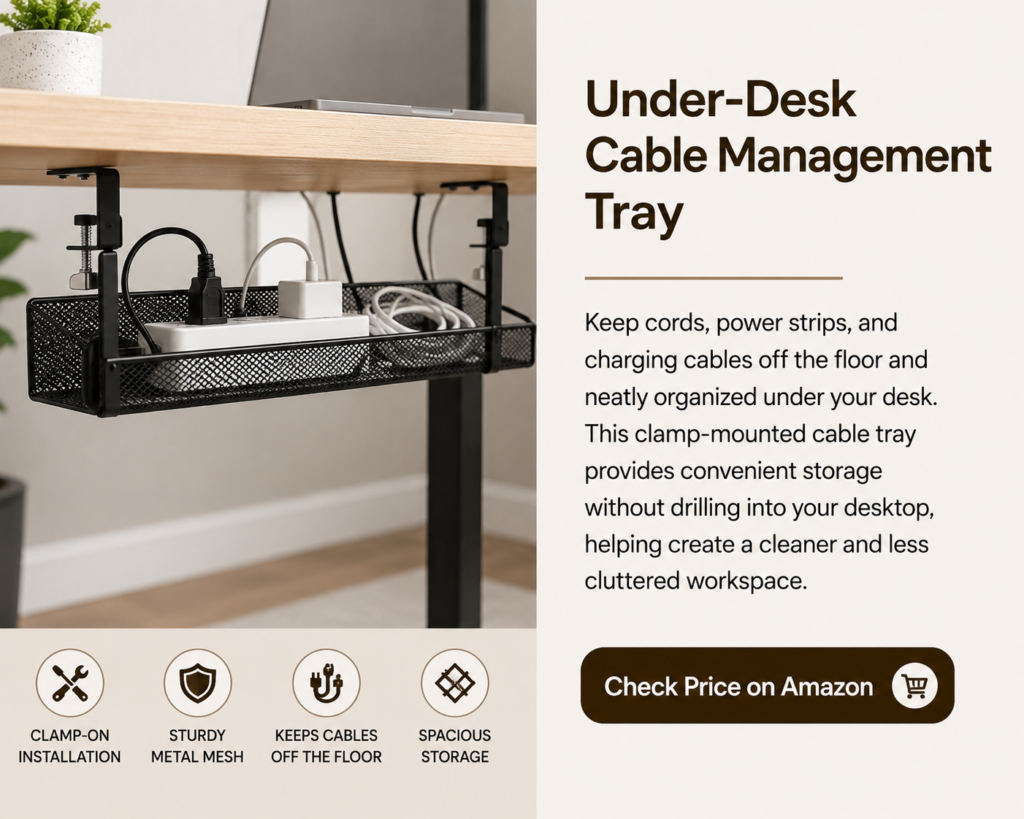 Black clamp-on under-desk cable management tray organizing a power strip and charging cords beneath a desk.