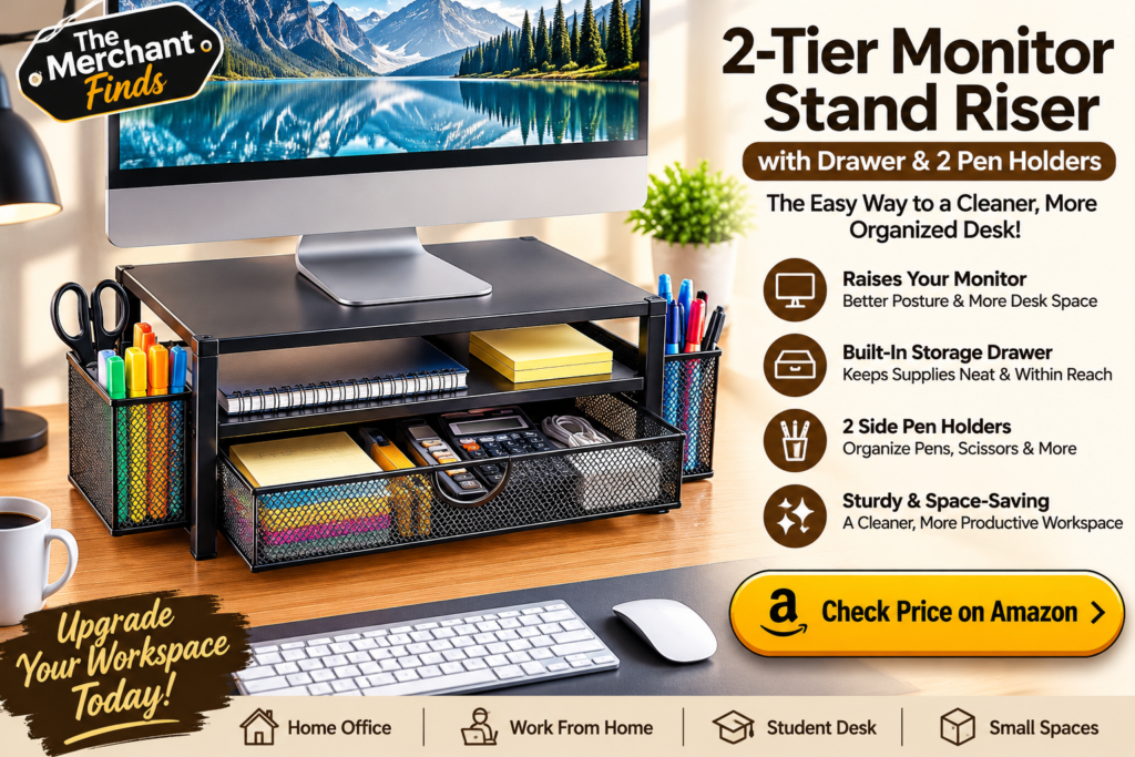 Black 2-tier monitor stand riser with storage drawer and side pen holders on an organized desk.