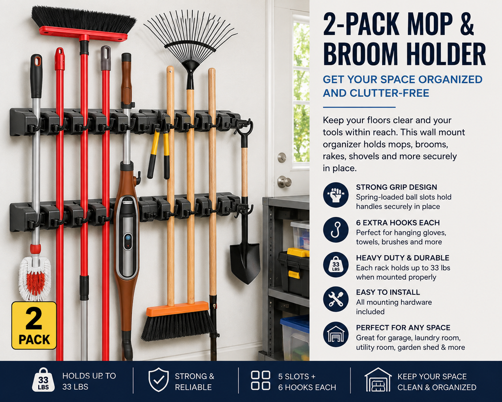2-pack wall-mounted mop and broom holder organizing brooms, mops, rakes, shovels, and other garage tools.