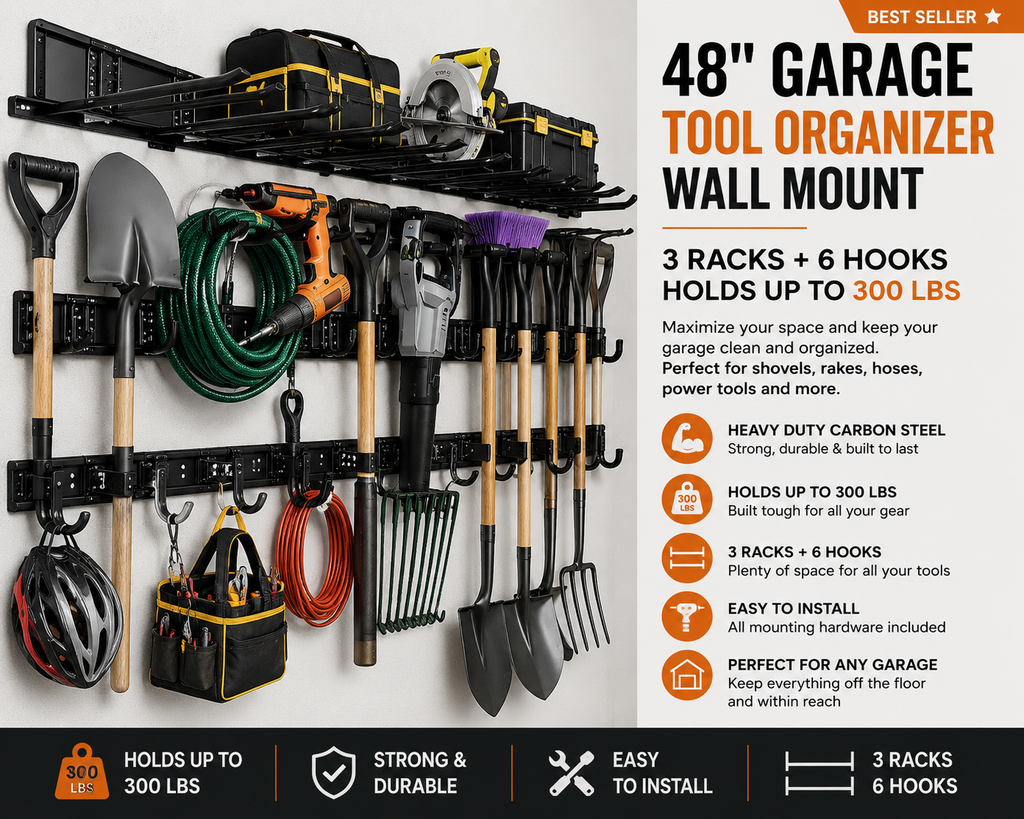 48-inch wall-mounted garage tool organizer with three racks and six hooks holding garden tools, hoses, and garage equipment.