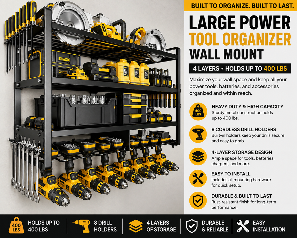 4-layer wall-mounted power tool organizer holding cordless drills, batteries, saws, wrenches, and garage tools.