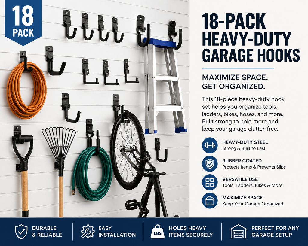 18-pack heavy-duty garage storage hooks organizing a ladder, bicycle, garden tools, hose, and other garage equipment.
